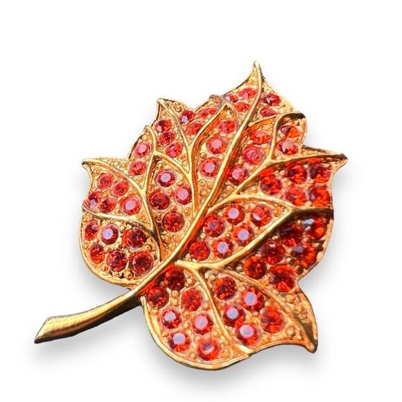 Rapallo rhinestone orange Autumn fall maple leaf designer signed brooch pin - Picture 1 of 9